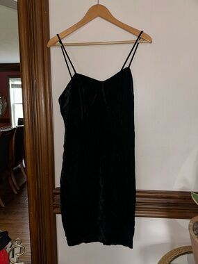 Vintage 90s Black Velvet Slip Dress Spaghetti Strap Minimal